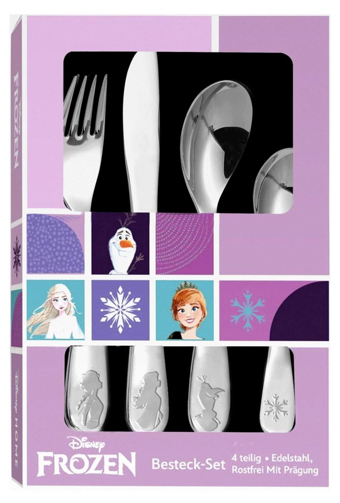 Kinderbesteckset Frozen Die Eiskönigin 4-teilig - rostfreier Edelstahl mit Messer, Gabel, Suppenlöffel und Dessertlöffel - geprägtes Motiv mit ...