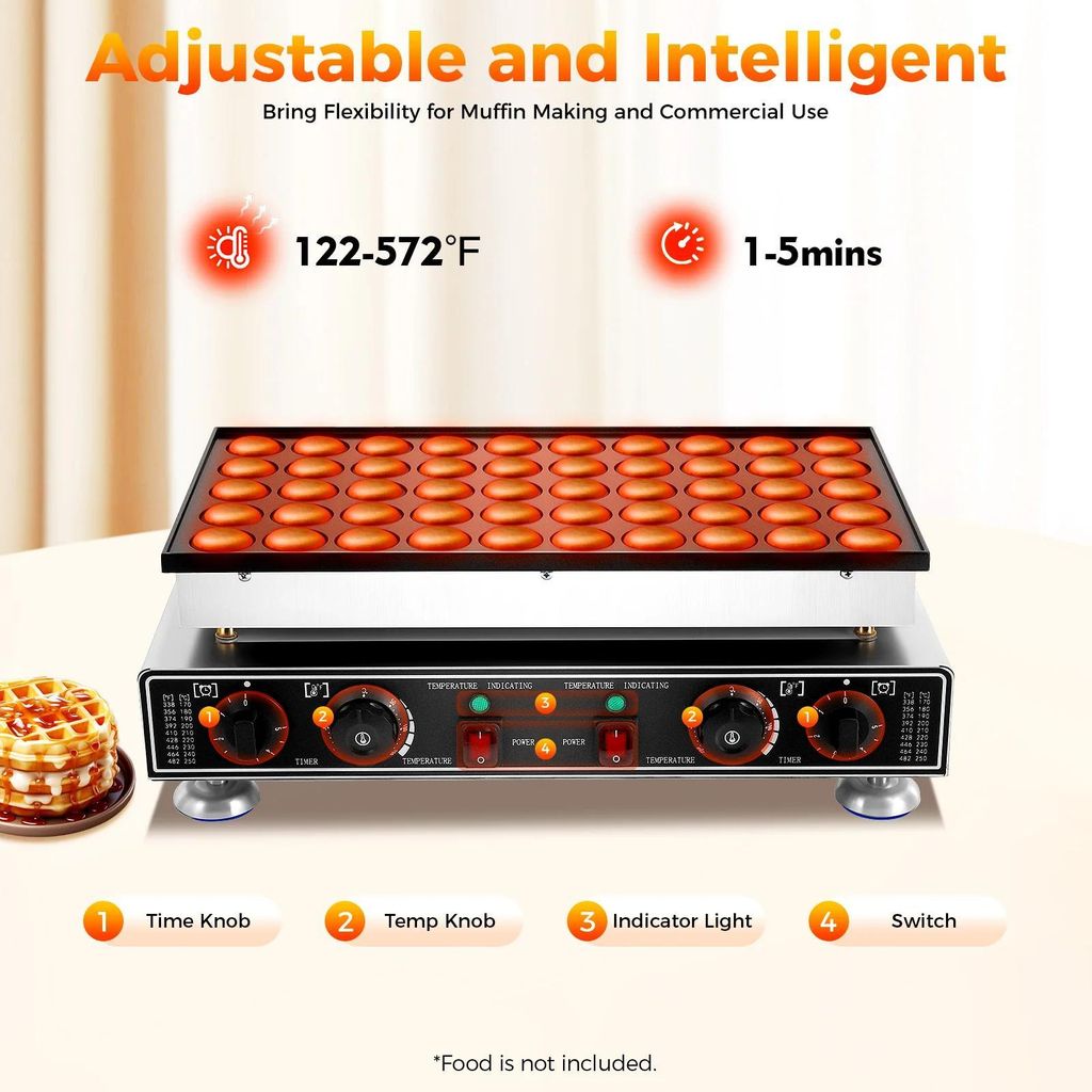 Elektrischer Poffertjes und Pancake Maker - Mini Waffeleisen - 50 Mulden - 50–300 °C - 1800 W - Antihaft - Edelstahl - EU-Stecker
