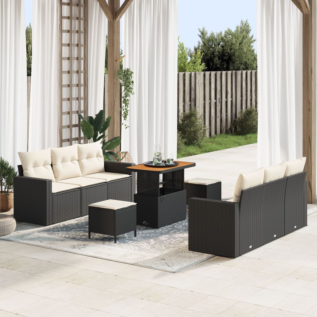 Möbel 9-teiliges Garten-Sofa-Set mit Kissen schwarzes Poly-Rattan Akazie, 3-teiliges Garten-Ess-Set mit Kissen schwarzes Poly-Rattan Akazie - Gart...