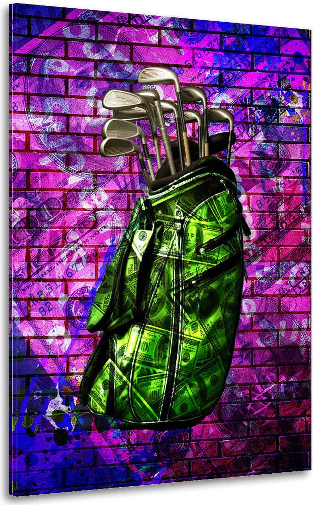 Golftasche mit Geldmotiv Street Art Wandbild Leinwandbild Kunstdruck Wanddeko: 60x90x2cm