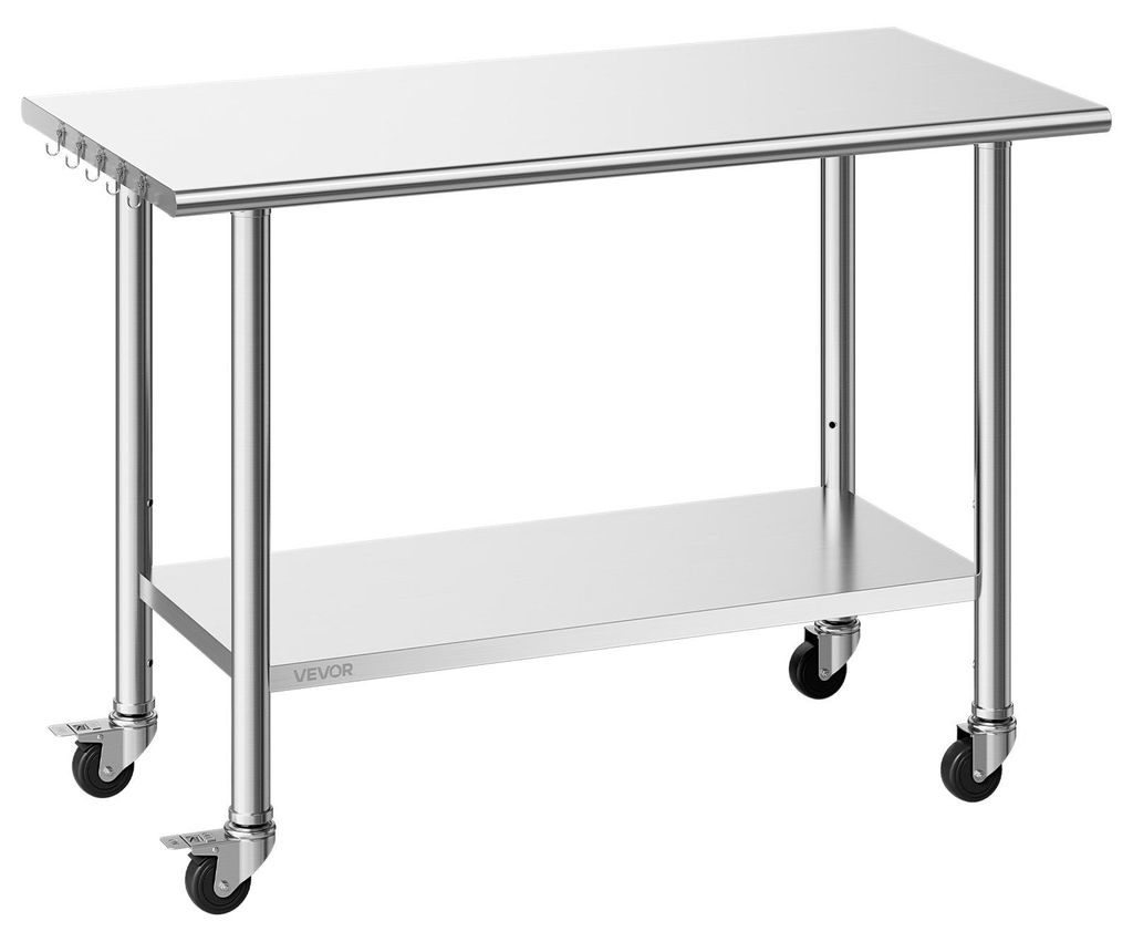 VEVOR Edelstahltisch Gastro 1220 x 610 x 864 mm, Verstellbarer Edelstahltisch mit Rollen, Gewerblicher Arbeitstisch mit Grundboden für Restaurant ...