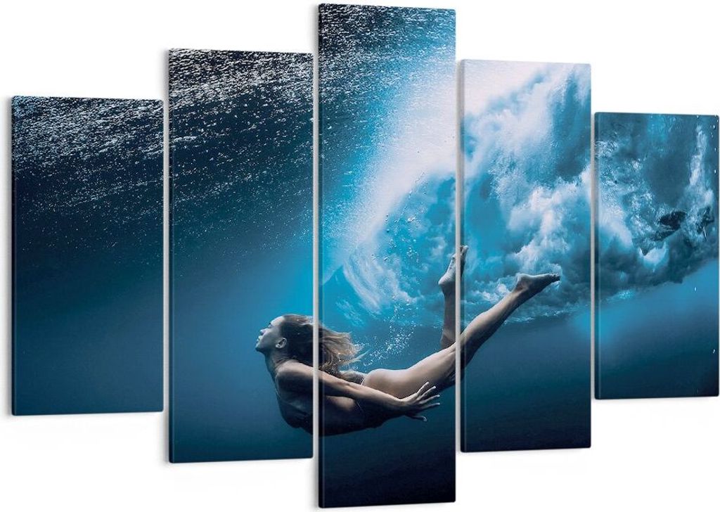 Bild auf Leinwand - Leinwandbild - 5 Teile - Tauchen Frau Wellen - 150x100cm - Wand Bild - Wanddeko - Wandbilder - Leinwanddruck - Bilder - Wanddek...