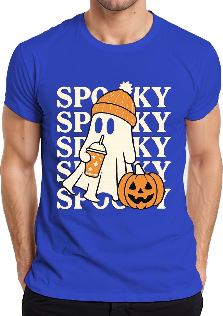 Halloween Spooky Geist Kürbis Beanie Herbst Süß Niedlich Retro Herren T-Shirt, Blau, L