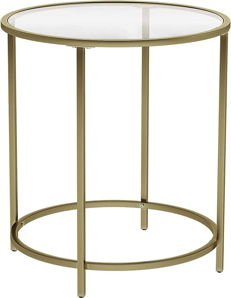 A round glass-top side table with a gold metal frame.