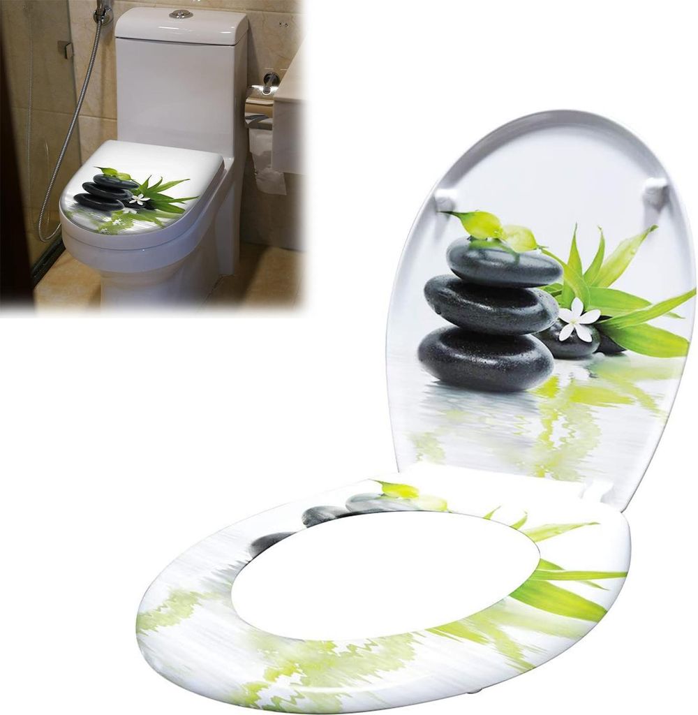 XINZI Toilettendeckel oval und Sitz mit Absenkautomatik, Antibakterielle Klobrille, WC-Sitz und Deckel aus Hartplastik (Stein-Design)
