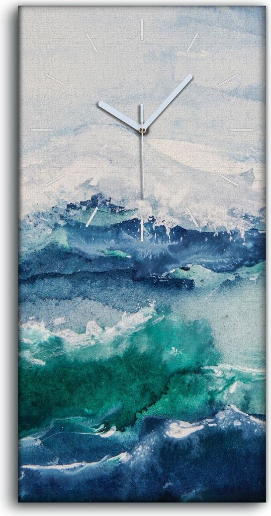 Wanduhr Bürouhr Leinwand Bild Geräuschlos 30x60 groß Meereswellen Aquarellfarbe - weiße Hände