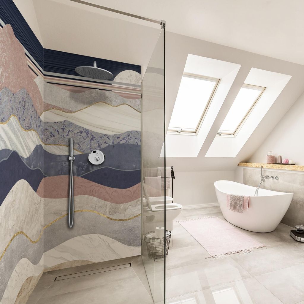 Duschrückwand Natur selbstklebend - 0.35 mm Wandpaneel wasserfest Berg grau Illustration Badrückwand fugenlos Smart matt 100x210 cm