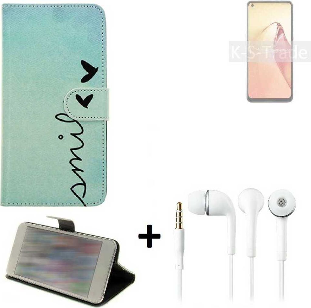 K-S-Trade Schutz Hülle Handy Hülle kompatibel mit Oppo Reno8 360° Wallet Case Schutz Hülle ''smile'' inkl. Ohrstöpsel Smartphone cover Flipstyle