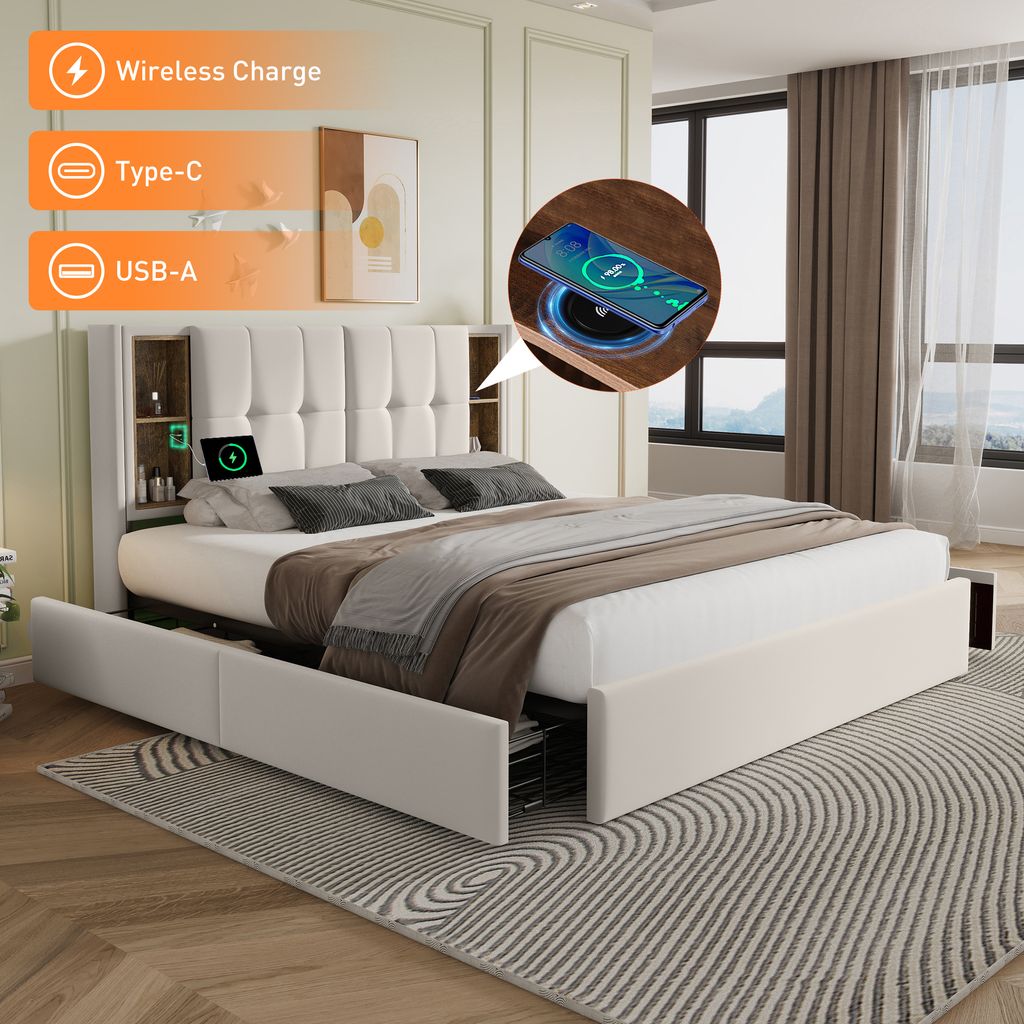 A modern bedroom with a beige upholstered bed frame featuring built-in storage drawers and a headboard with shelving and charging ports.