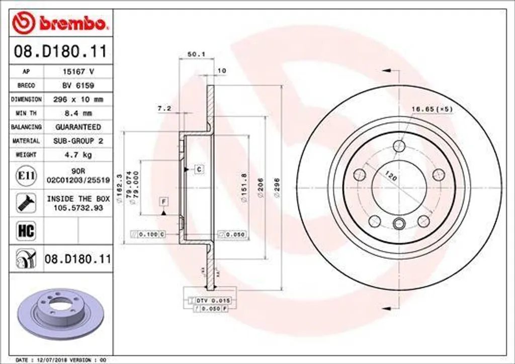 Disque de frein arrière plein Brembo 08.D180.11 pour MINI R60 et R61