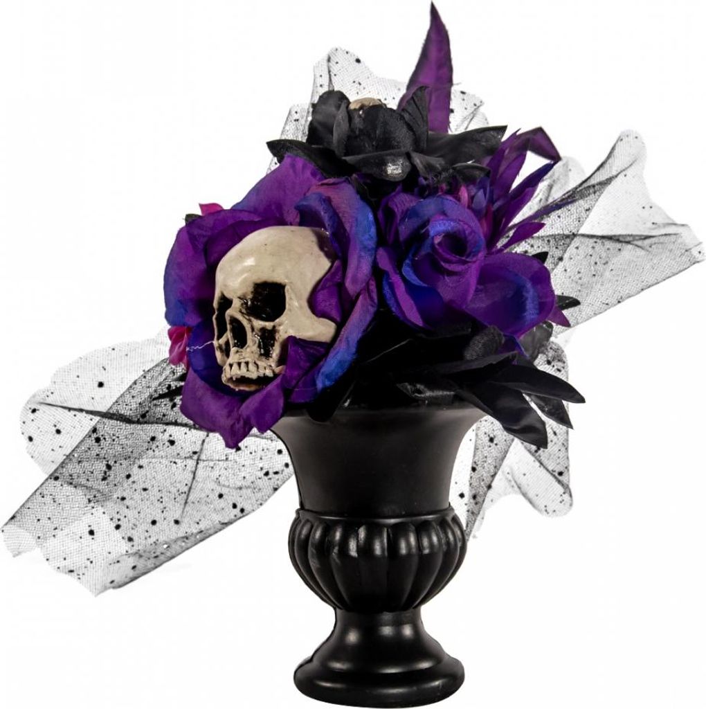 Gothic Blumenvase mit Violett-Schwarzen Rosen und Totenkopf 30 cm