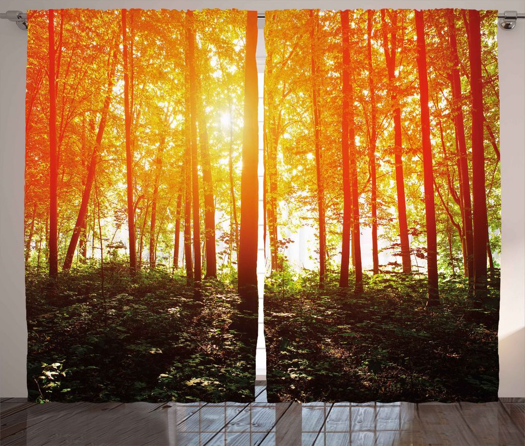 ABAKUHAUS Natur Rustikaler Gardine, Foggy Waldlandschaft, Schlafzimmer Kräuselband Vorhang mit Schlaufen und Haken, 280 x 175 cm, Farngrün Orange