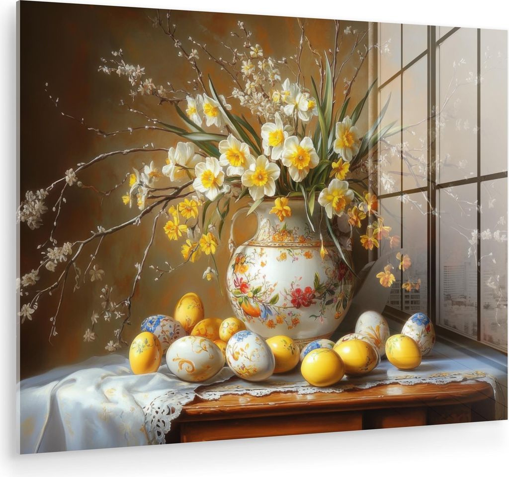 MuchoWow Glasbilder - Bilder auf Wandbild - Foto auf Glas Ostereier - Stillleben - Vase 80x60 cm Wanddekoration aus Glas - Acrylglasbild - Acrylbil...