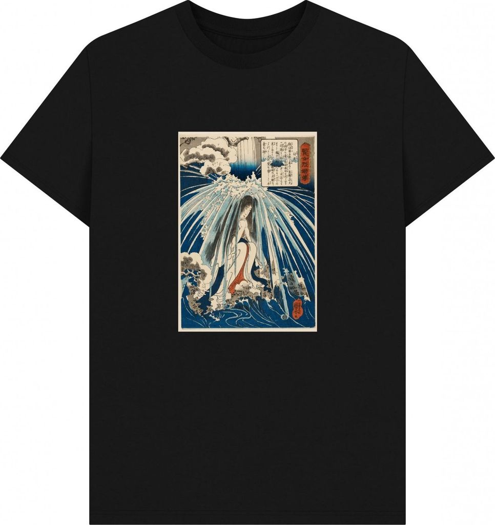 Apoh - "Kuniyoshi In The Waterfall" T-Shirt für Herren/Damen Uni PN1982 (S) (Schwarz)