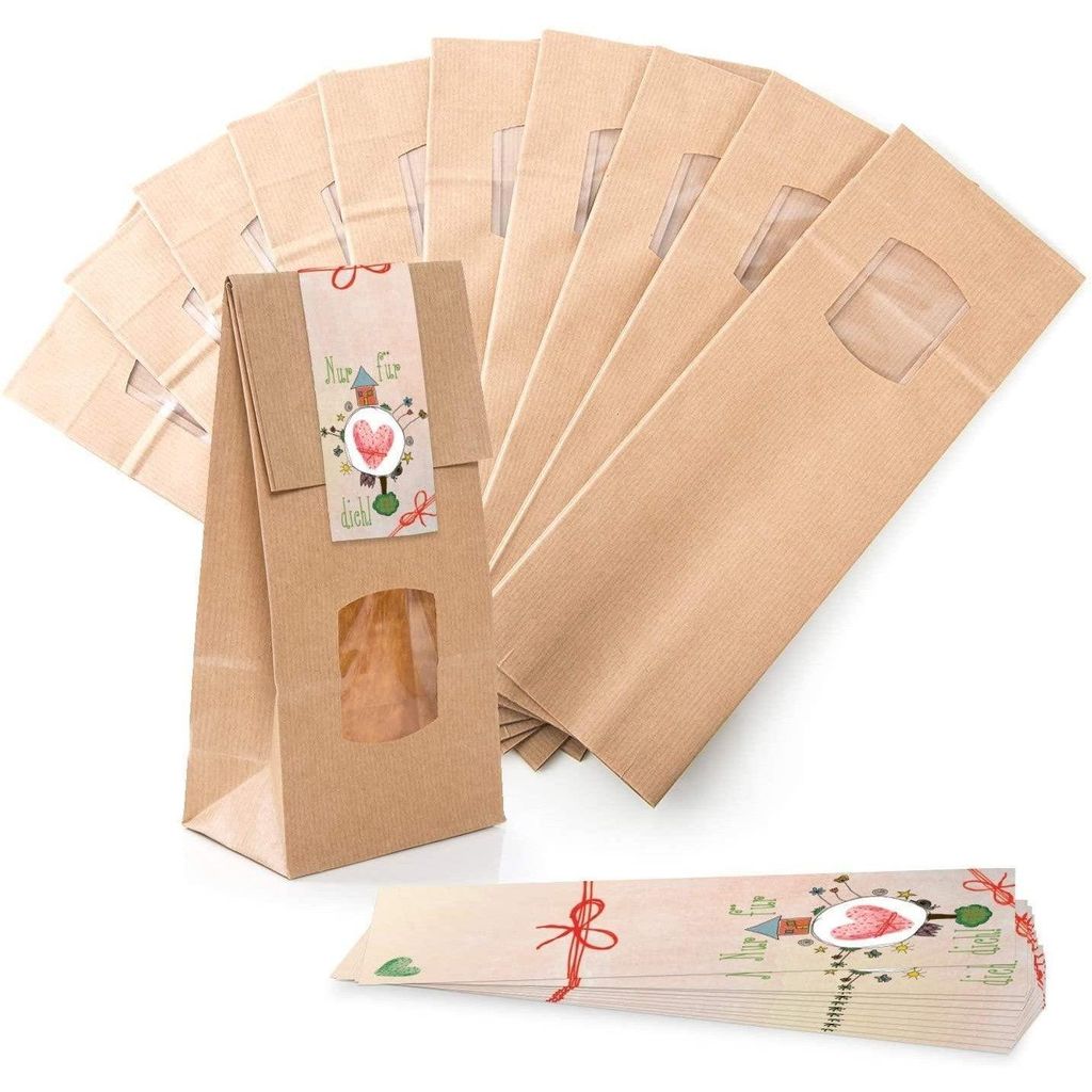 Verpackung 10 kleine braune Blockbodenbeutel Geschenk-Tüte MIT Fenster + Pergamineinlage 10,5 x 6,5 x 29 cm + 10 Aufkleber 5 x 15 cm Welt nur für...
