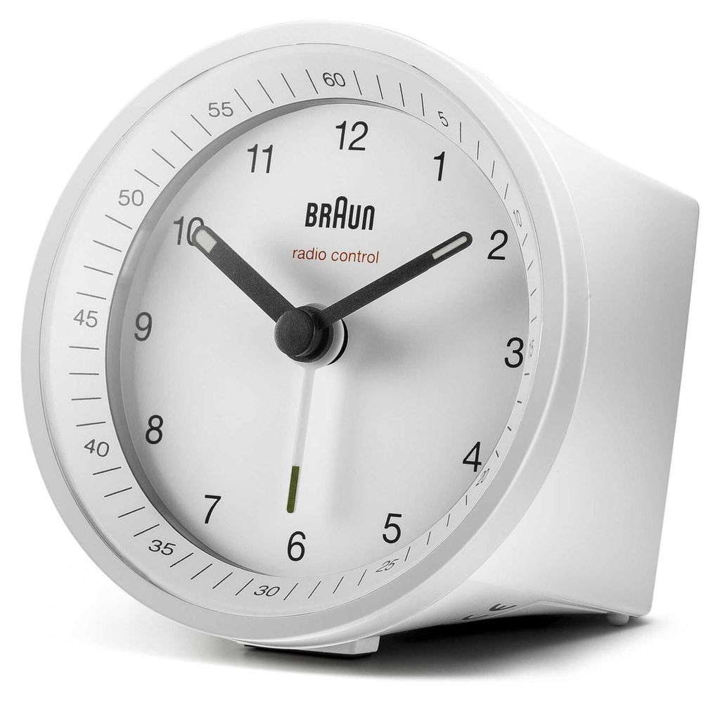 A white Braun radio-controlled alarm clock is shown from a slightly angled side view against a white background.