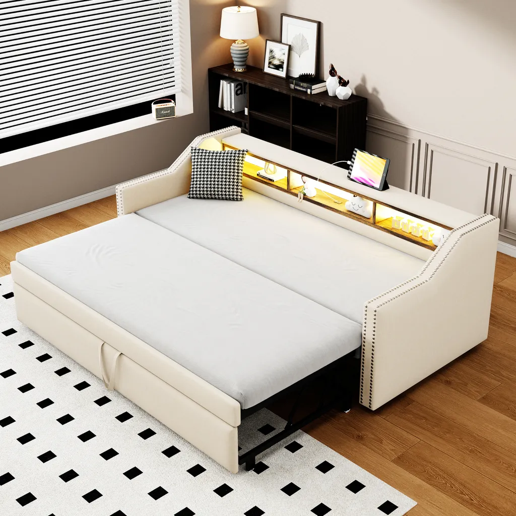 Lit fonctionnel 90x190cm avec LED et USB, cadre bois rembourré lin beige