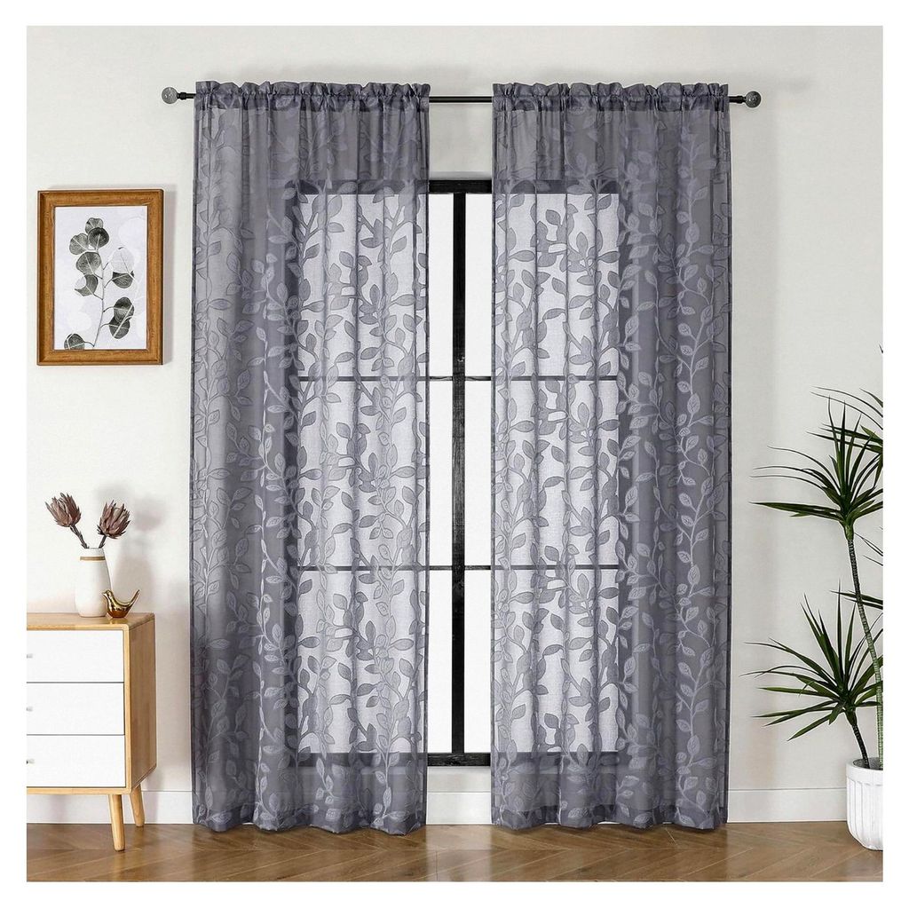 Graue transparente Vorhänge für das Wohnzimmer, Jacquard-Clips, Blattmuster, strukturiert, lichtfilternd, halbtransparente Voile-Vorhänge für d...