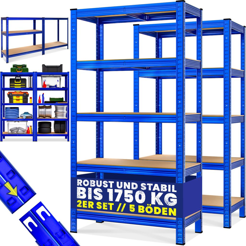 A collage of blue metal shelving units, some filled with various items, and some unassembled parts.
