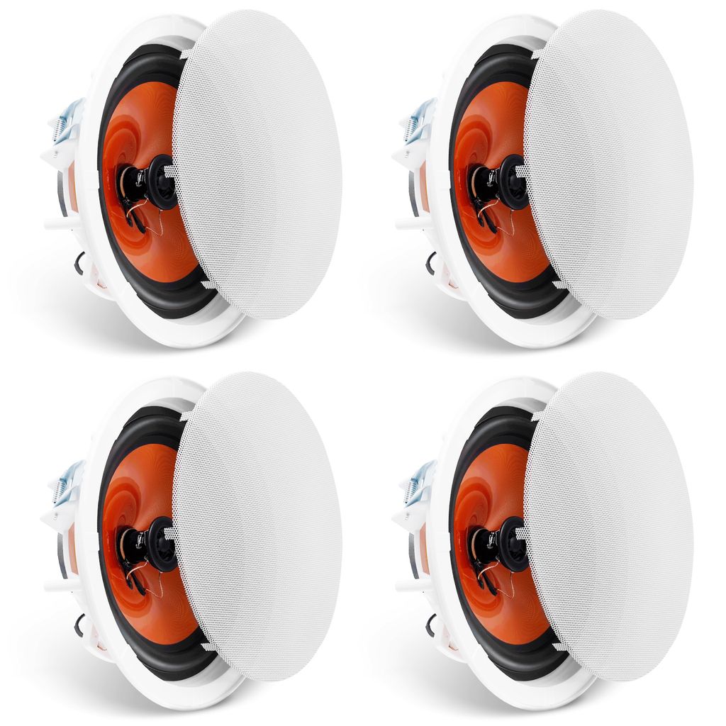 Four white ceiling speakers with orange cones are arranged in a grid on a white background.