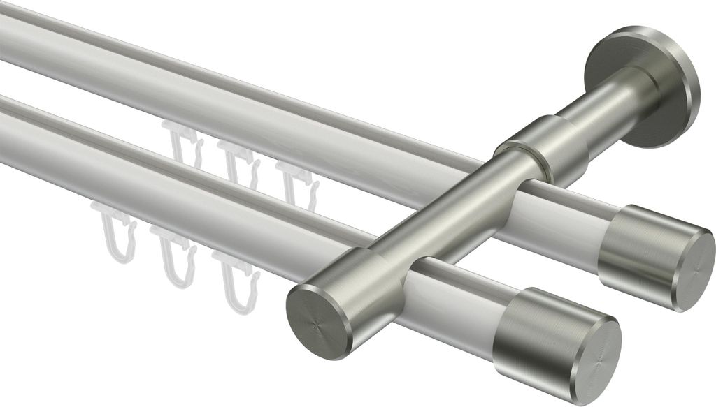 Interdeco Innenlaufstange / Gardinenstange mit Innenlauf Weiß / Edelstahl-Optik, Typ Prestige Santo (Kappe), 20 mm Ø 2-läufig, 260 cm