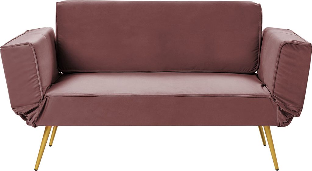 BELIANI Schlafsofa Rosa aus Samt 2-Sitzer Verstellbare Armlehnen Goldene Beine für Wohnzimmer Gästezimmer Gästebett