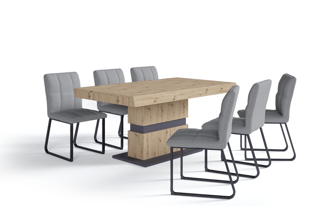 byLIVING Tischgruppe Matthew mit Talea, 7-teiliges Set, Tisch 160 cm mit Auszug in dunkelgrau/Eiche-Optik, Stühle Stoff-Bezug hellgrau, Gestell sc...