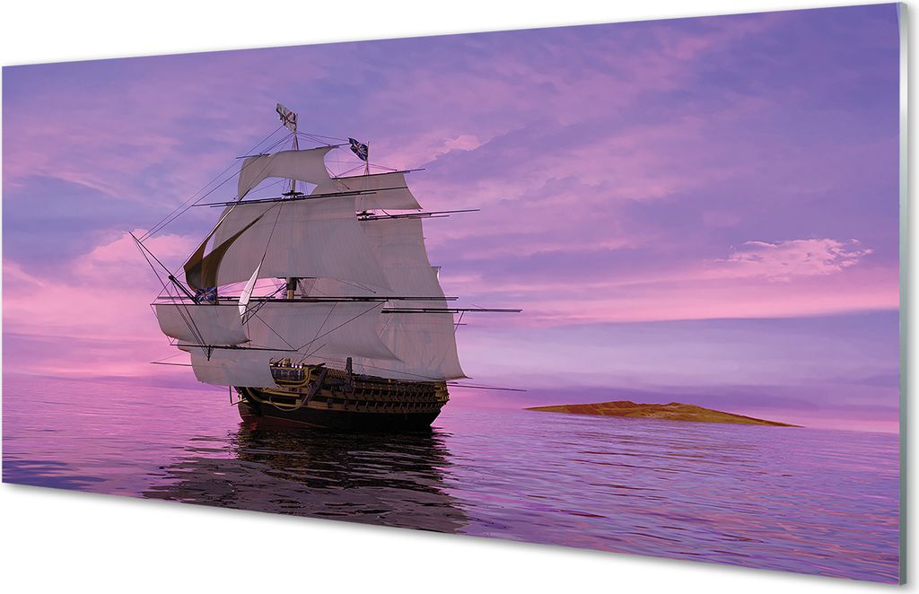 Glasbilder 100x50 Wandkunst Lila Himmel Schiff Meer