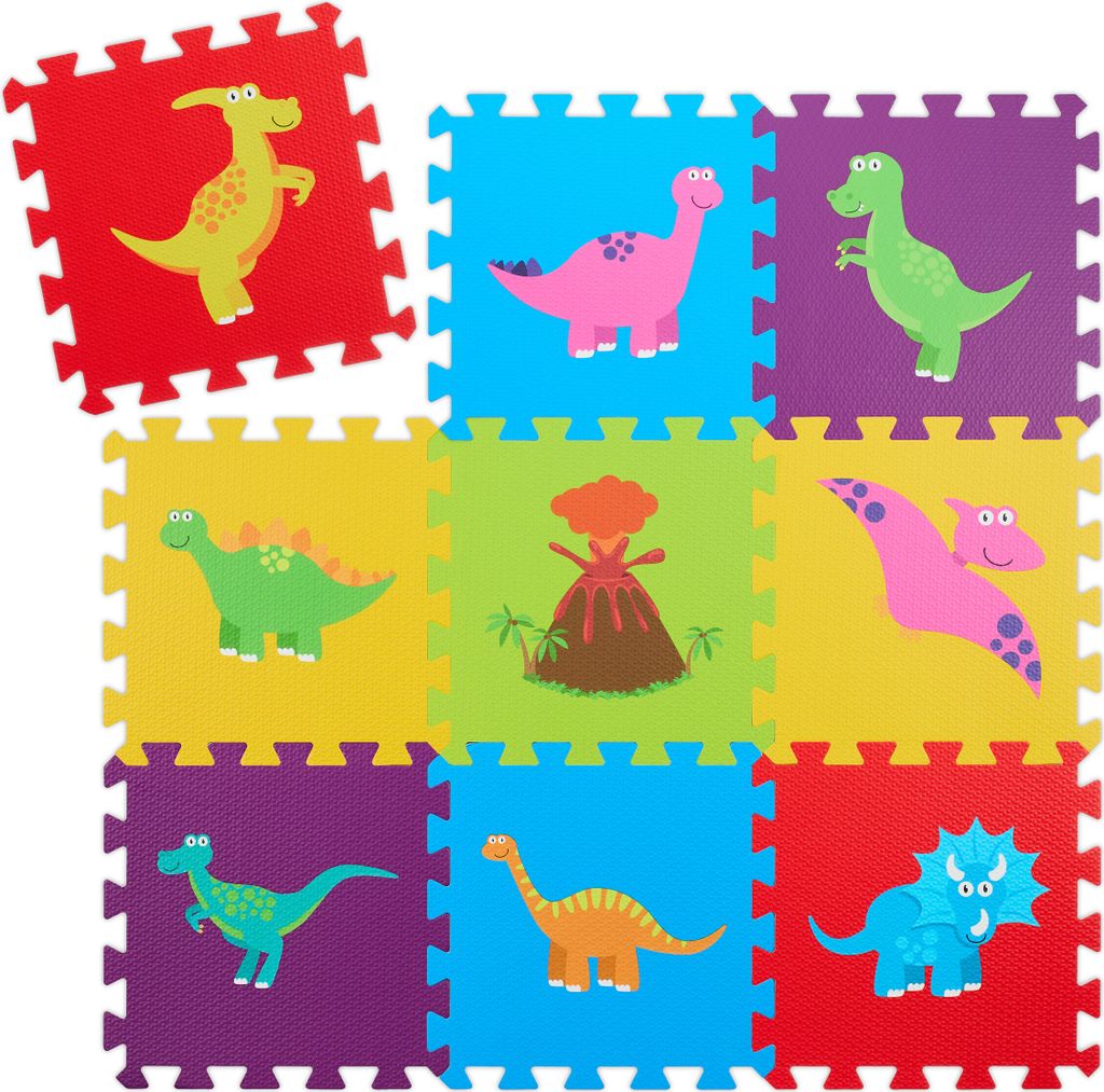 Relaxdays Puzzlematte, 3 x 3 Baby Spielmatte, Dinosaurier, Krabbelmatte, BPA-freier Schaumstoff, Kindermatte, bunt