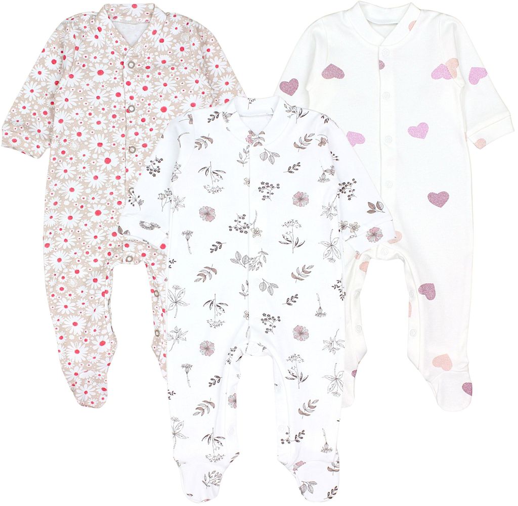 TupTam Baby Mädchen Schlafstrampler mit Fuß 3er Pack, Farbe: Blätter Blumen Herzchen, Größe: 74