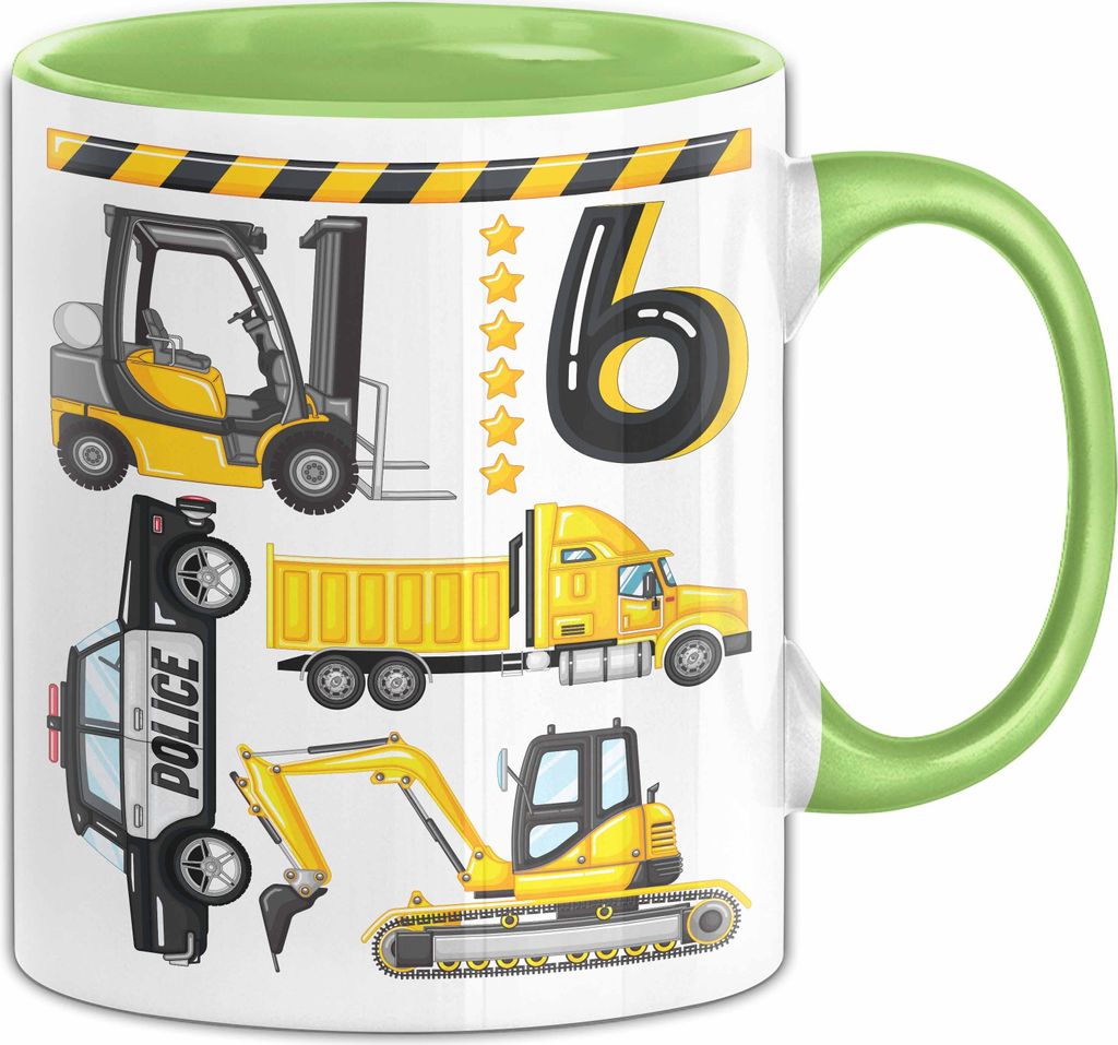 6. Geburtstag Geschenk Tasse Becher Jungen Jungs Baustelle Polizei Geburtstagsgeschenk 6 (Grün)