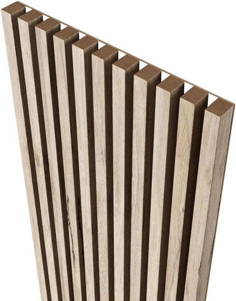 MEBANO. Akustikpaneele auf Weißplatte - 4 Stücke x (240x18,5 cm), Eiche Sanremo, Wanddeko Lamellen aus MDF, Wandverkleidung, Paneele Wand Wohnzim...