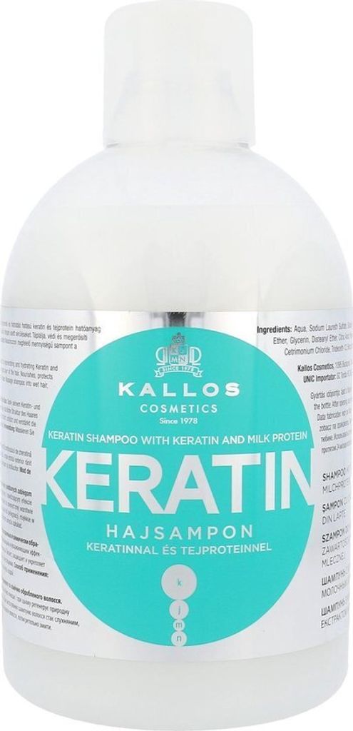 A bottle of Kallos Keratin Shampoo.