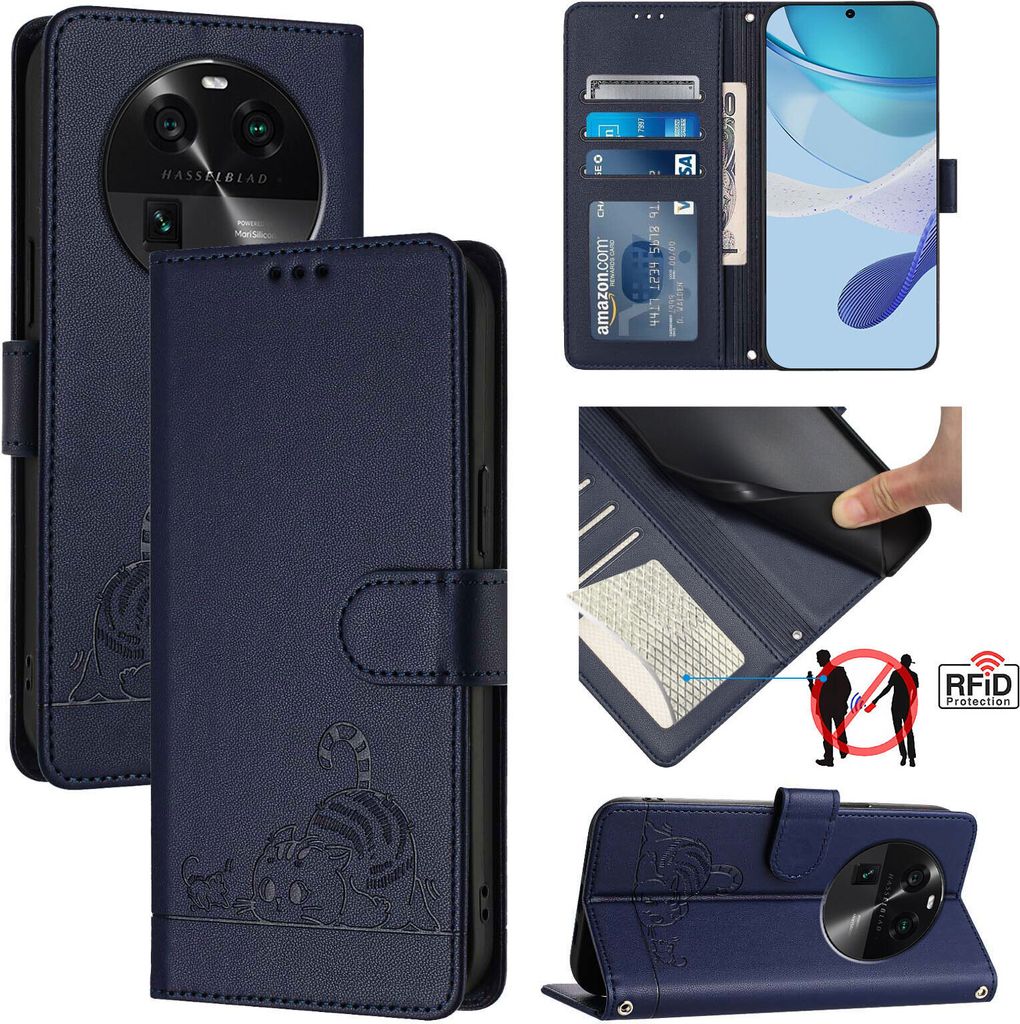 Leder Hülle für Oppo Find X6 Süße Katze Flip Case Brieftasche Schutzhülle mit Standfunktion Blau