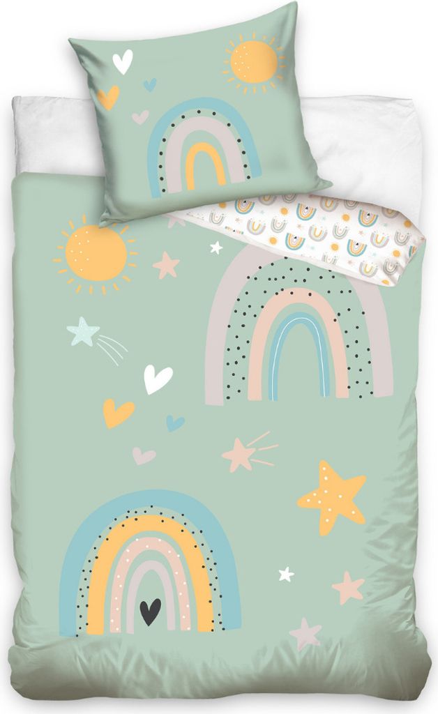 Kinderbettwäsche Regenbogen, Sterne & Sonne 135x200 + 80x80 cm, 100 % Baumwolle