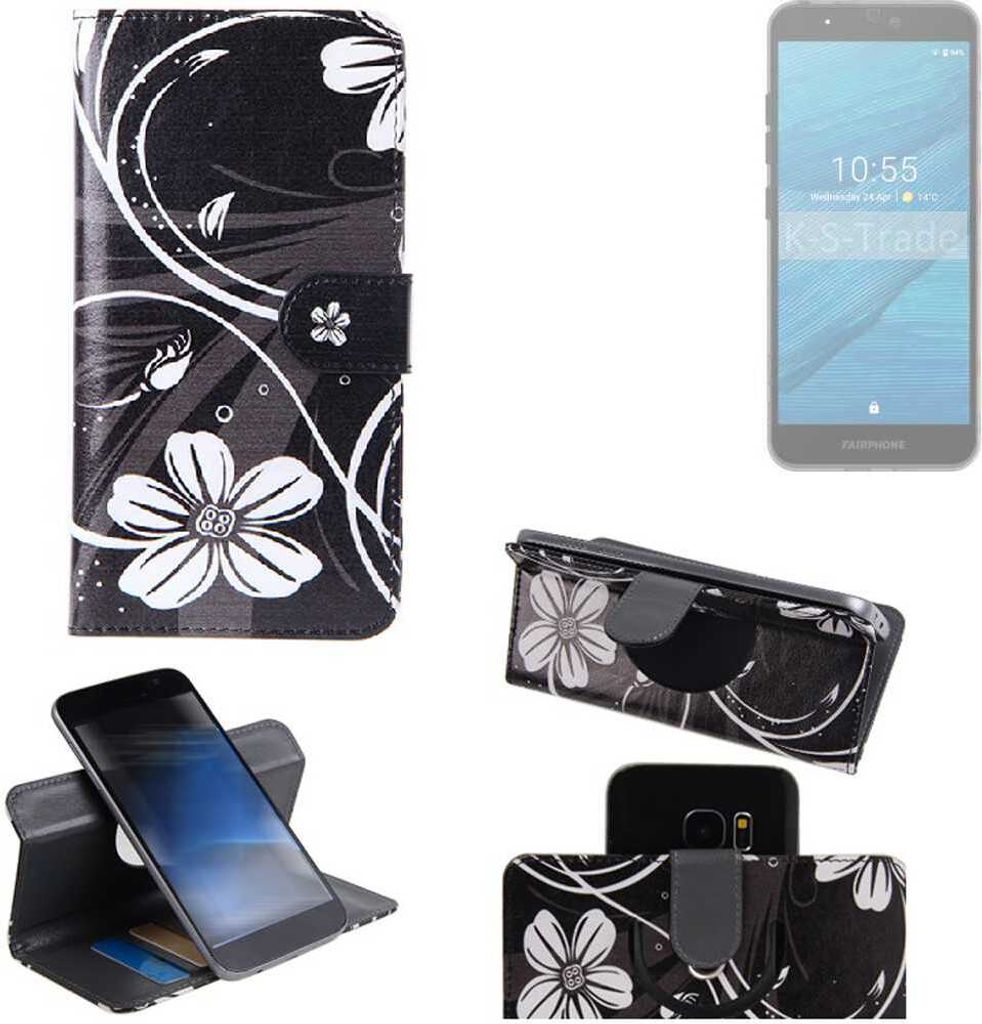 K-S-Trade Schutzhülle Handyhülle kompatibel mit Fairphone Fairphone 3 Hülle 360° Wallet Case ''Flowers'' Klapphülle Hülle schwarz-weiß 1x