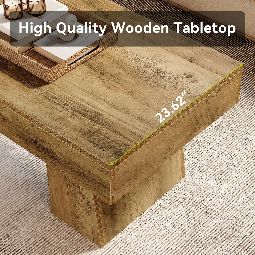 Tribesigns Table Basse Rustique 120 cm avec Socle Épais en Bois Marron - 6