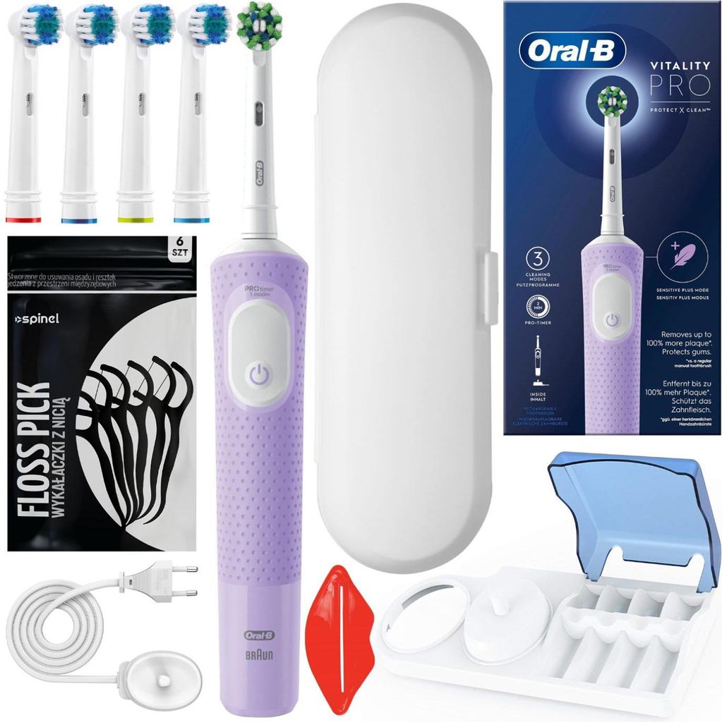 Oral-B Vitality Pro D103 Lilac Elektrische Zahnbürste + 4 Präzisionsspitzen weiß + Etui weiß + Ständer
