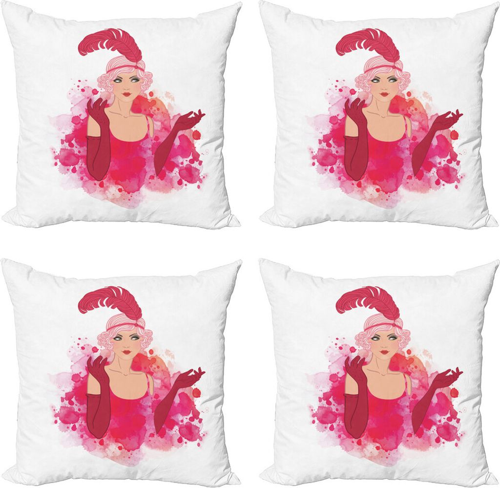 ABAKUHAUS Old Hollywood Kissenbezug Set (4 Stück), Feder-Stirnband, Moderner Doppelseitiger Digitaldruck, 50 cm x 50 cm, Hot Pink Magenta