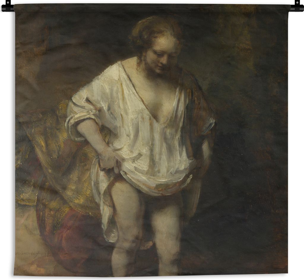 MuchoWow Wandteppich Wandbehang Badende Frau - Gemälde von Rembrandt van Rijn 90x90 cm Tapisserie Dekoration Wandtuch - Wandaufhänger