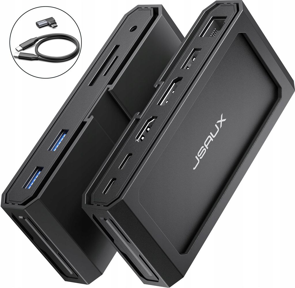 Two black docking stations are shown from a diagonal angle on a white background. A small inset image shows a coiled USB-C cable with an angled USB-C connector.