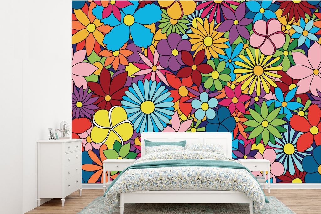 MuchoWow Fototapete für Wohnzimmer oder Schlafzimmer Wandtapete Vinyl Motivtapete Flower-Power-Blumenmeer - 330x240 cm - Vinyltapete