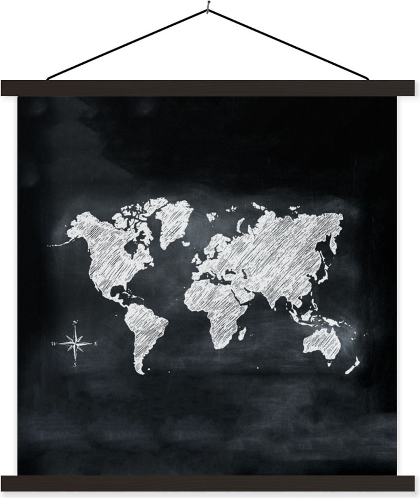 MuchoWow Textilposter Weltkarte - Weiß - Kreidetafel 120x120 cm mit schwarzem Rahmen - Aufhängungsset
