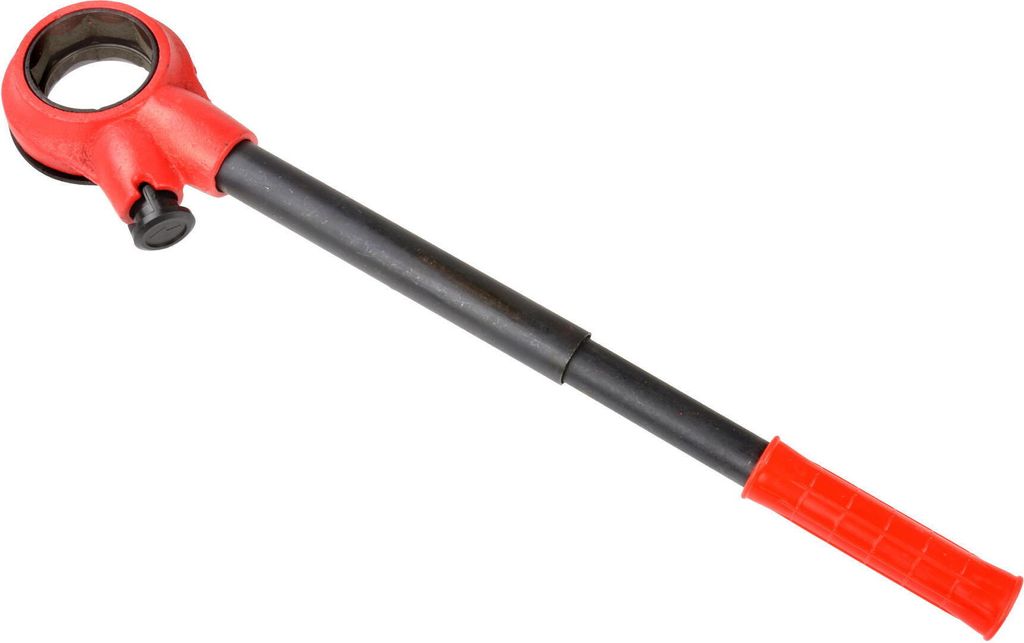 A tool with a red handle and a black shaft, lying on a white background.