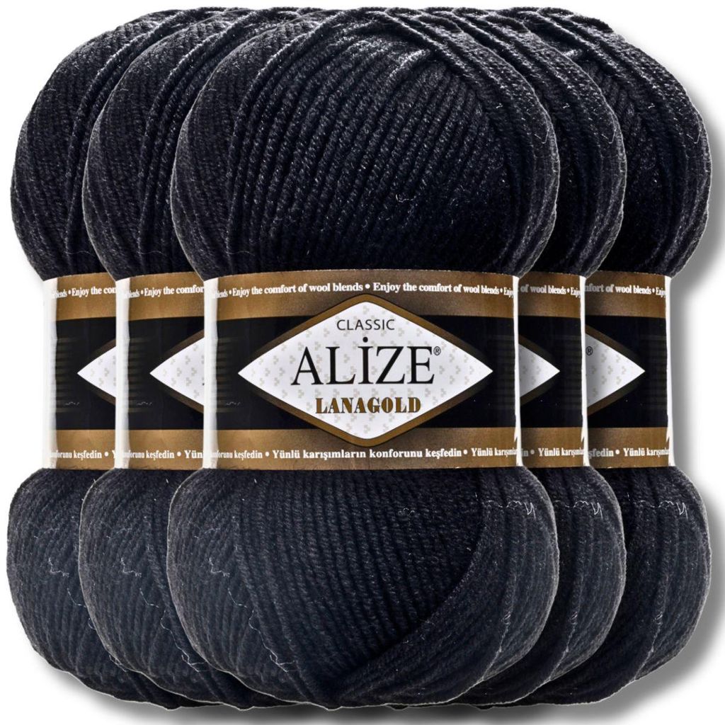 Alize 5x 100g Lanagold Wolle, Uni, Häkeln, Stricken (Black | 60)