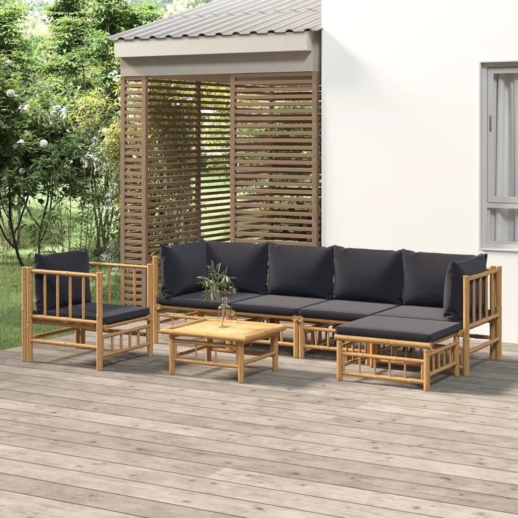 The Living Store 7-tlg. Garten-Lounge-Set mit Dunkelgrauen Kissen Bambus