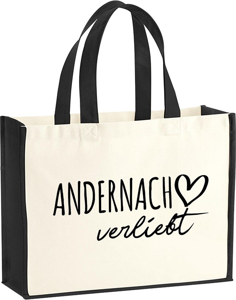Huuraa Jutetasche Andernach verliebt 21 Liter Black Jute und Baumwolle Einkaufstasche Geschenkidee