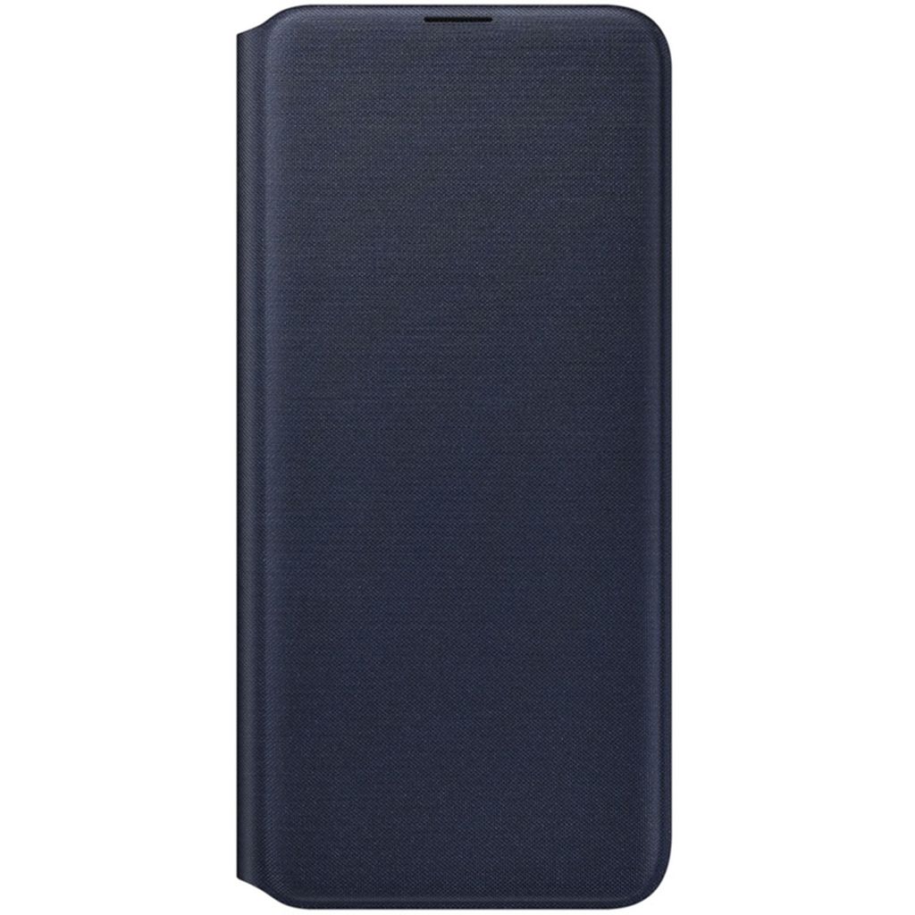 A dark blue flip cover for a smartphone, shown closed and lying flat against a white background.