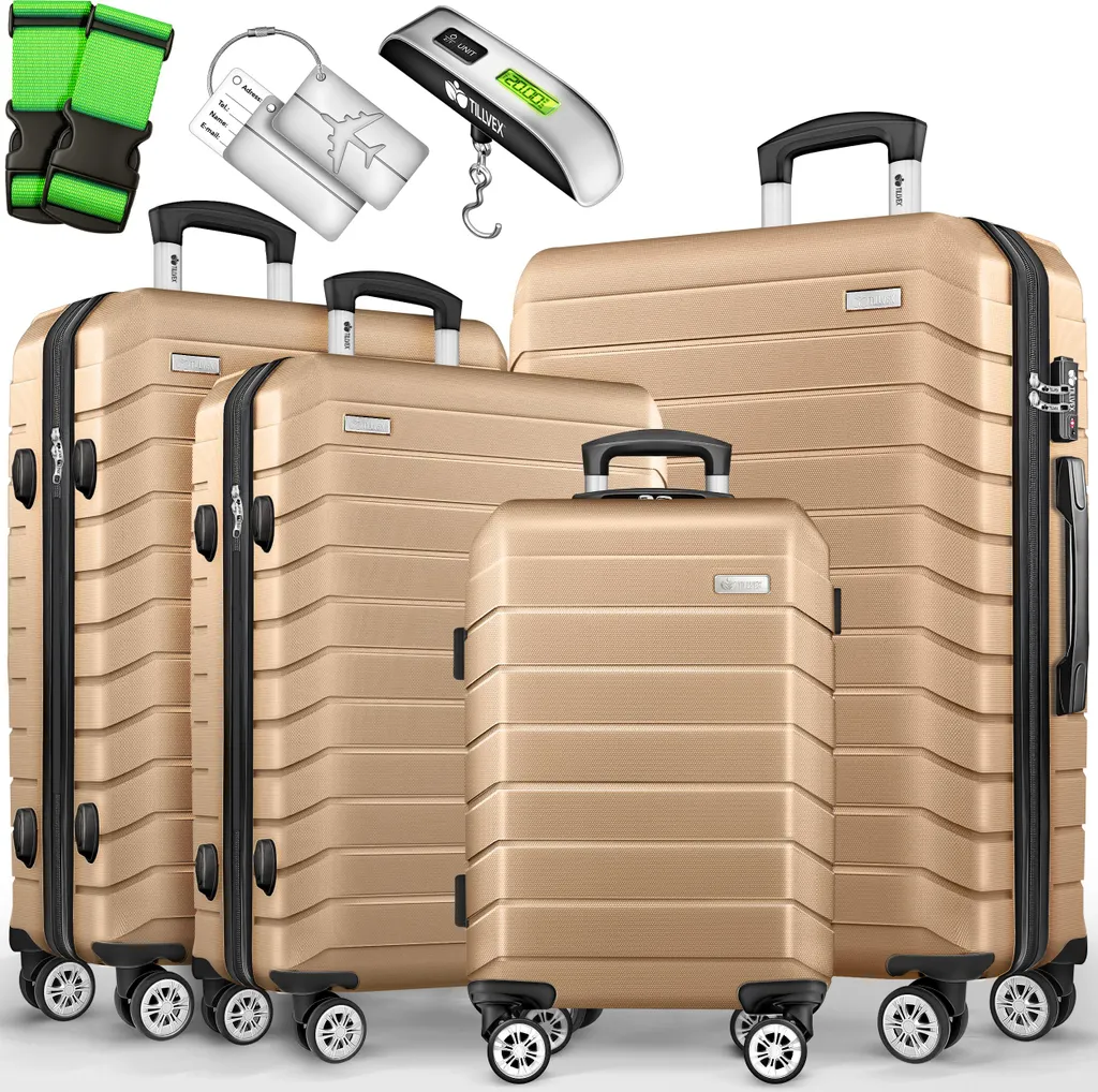 tillvex® Set di valigie da viaggio 4-TLG. + bilancia per bagagli, 8X cinghie per bagagli e 4X etichette per bagagli | set di valigie a 4 ruote | valigia trolley con chiusura TSA | set di valigie rigide trolley S-M-L-XL (champagne)