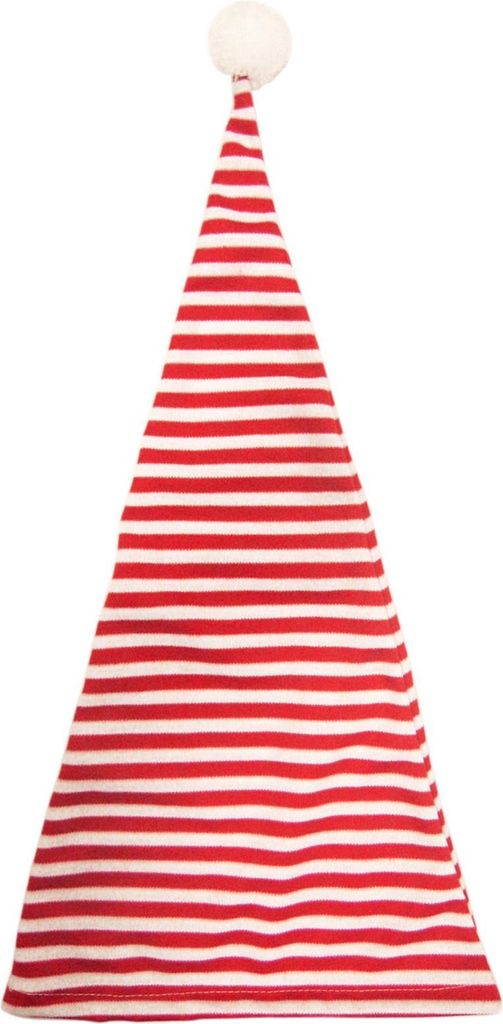 A striped Santa hat with a pom-pom on top, isolated on a white background.